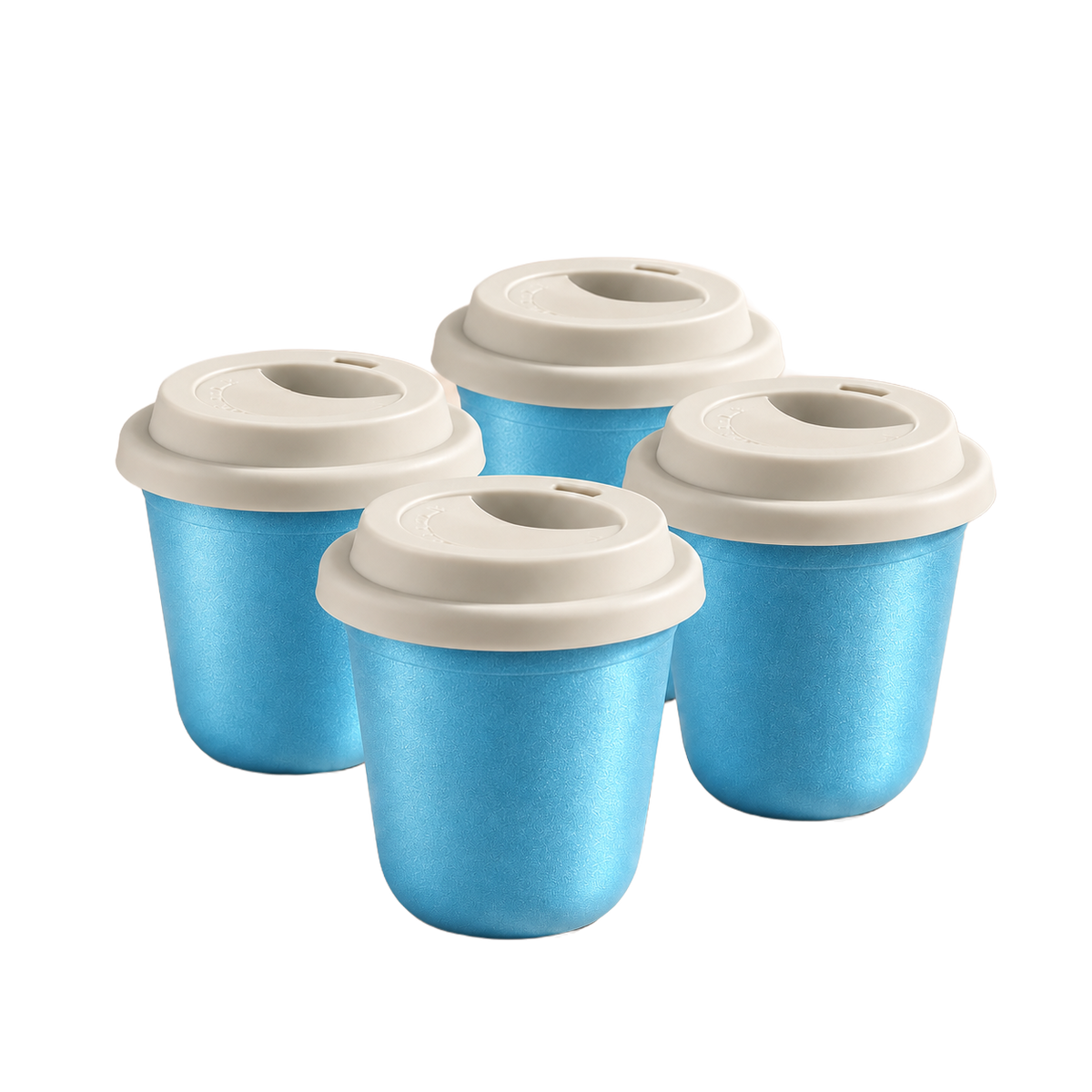 Set of 4 cups, white lids — Metallic Light Blue